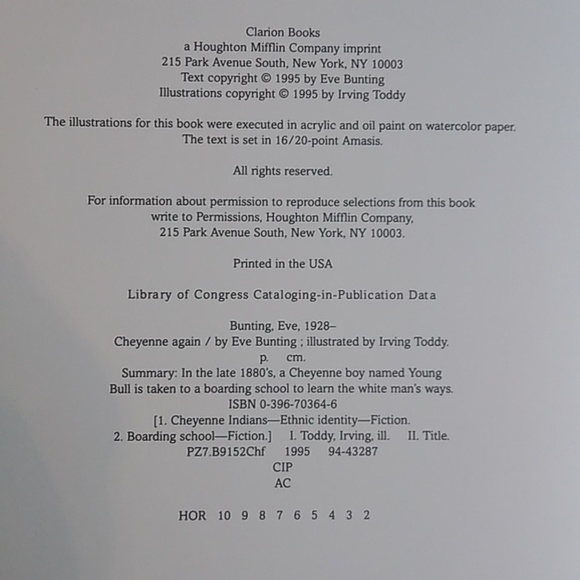 Cheyenne Again Eve Bunting Irvine Toddy Ethnic Identity Boarding School Fiction - Picture 4 of 6